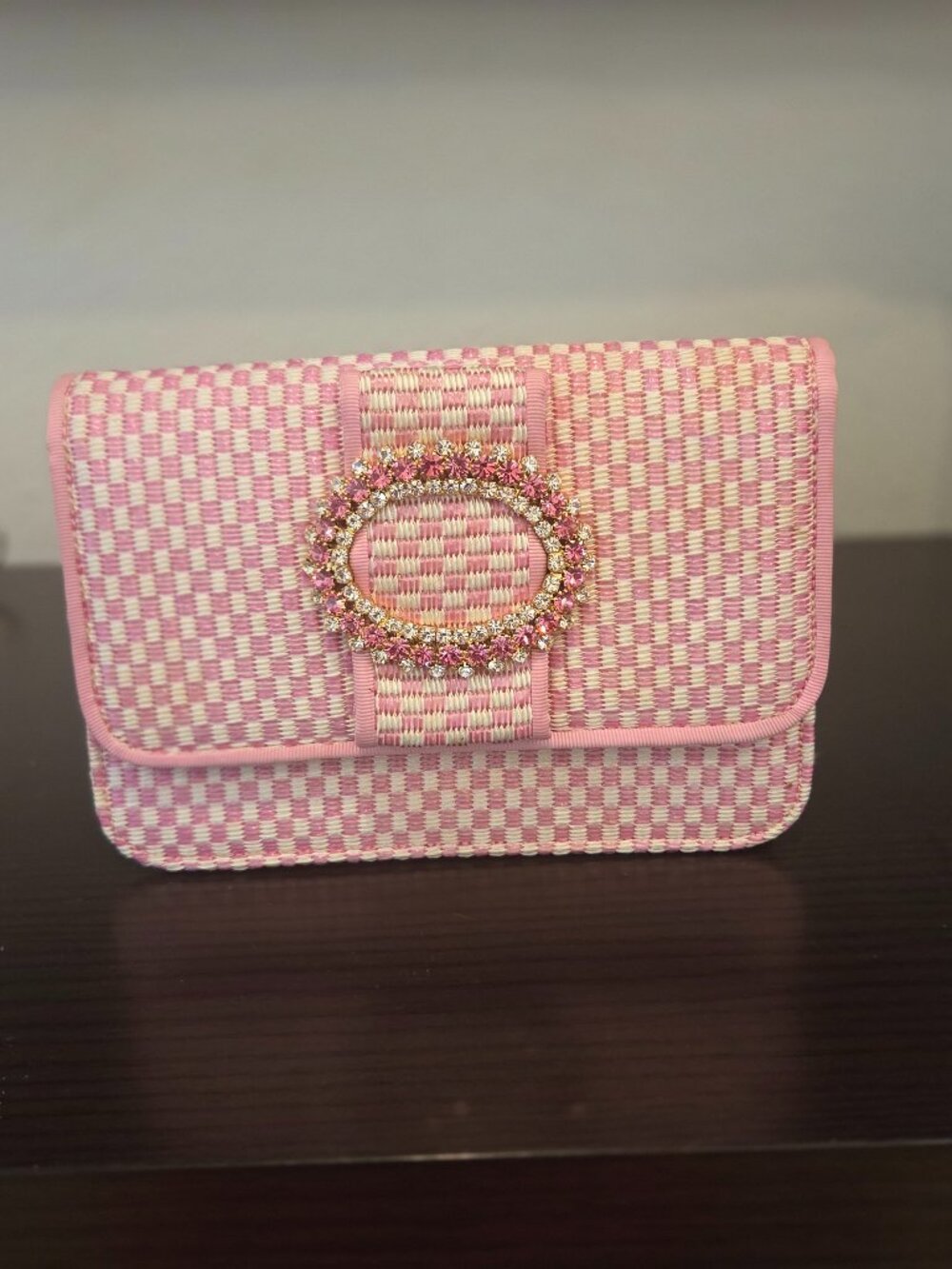 Emanuela Caruso Capri Pink Woven Crystal Buckle Crossbody Shoulder Bag Gold